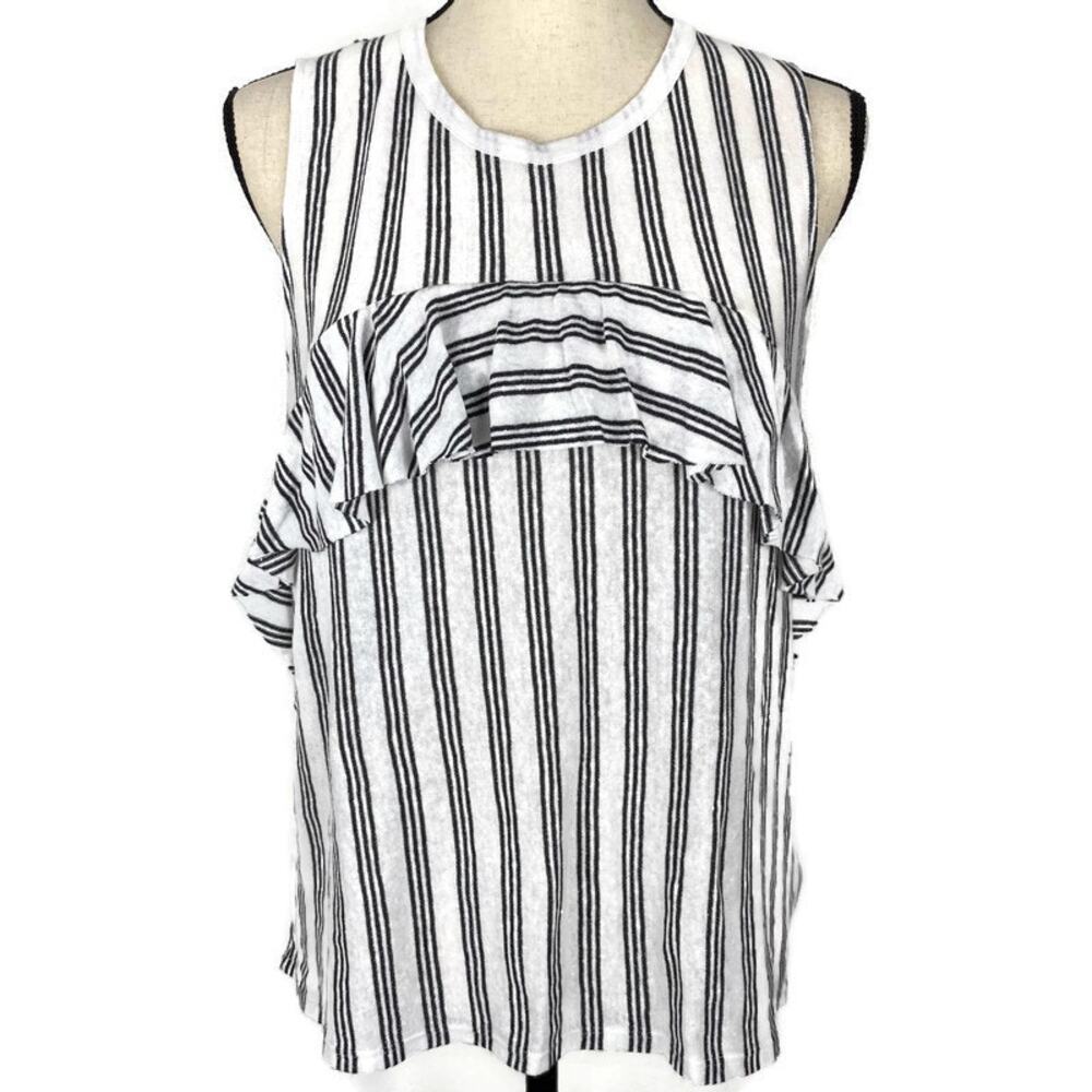 Who What Wear Ruffle Tunic Top Sleeveless Crewneck White Striped Womens Sz Lg
